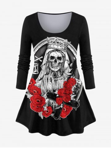 Plus Size Halloween Crown Skull Flower Cross Print T-shirt - BLACK - S