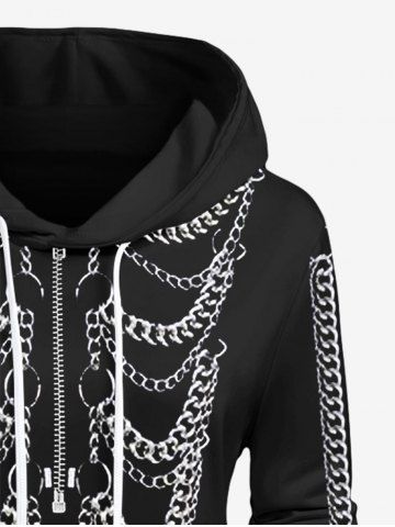 Plus Size Bat Zipper 3D Print Halloween Skeleton Style Chains Drawstring Hooded Dress