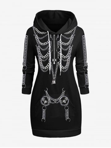 Plus Size Bat Zipper 3D Print Halloween Skeleton Style Chains Drawstring Hooded Dress - BLACK - 3XL