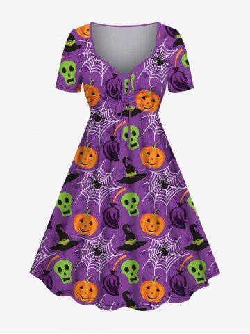 Plus Size Halloween Costume Pumpkin Spider Web Skull Hat Print Cinched Dress - PURPLE - S