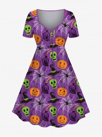 Plus Size Halloween Costume Pumpkin Spider Web Skull Hat Print Cinched Dress - PURPLE - 3X