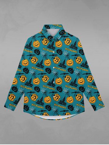 Gothic Pumpkin Spider Bat Castle Print Halloween Shirt For Men - GREEN - L