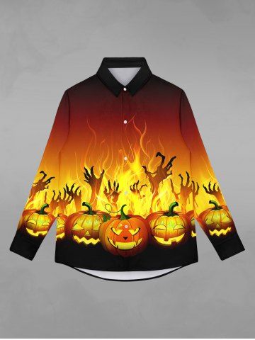 Gothic Pumpkin Flame Hands Colorblock Print Halloween Shirt For Men - BLACK - M