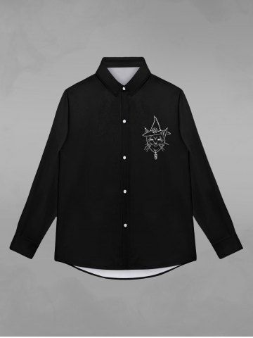 Gothic Hat Cat Pentagram Print Halloween Shirt For Men - BLACK - M