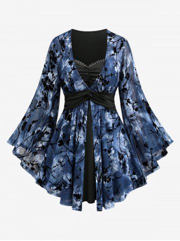 Plus Size Flower Flocking Rivet Lace Trim Ruched Twist Flare Sleeves 2 In 1 Top - DEEP BLUE - M | US 10