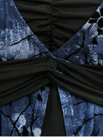 Plus Size Flower Flocking Rivet Lace Trim Ruched Twist Flare Sleeves 2 In 1 Top