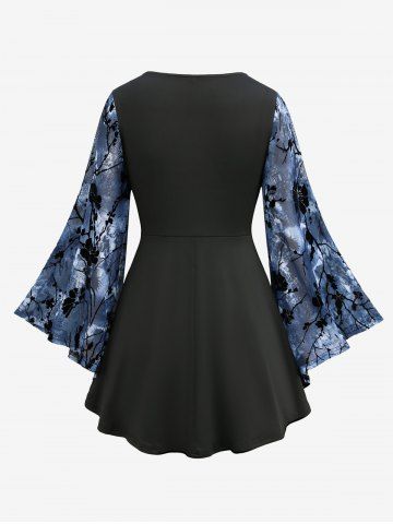 Plus Size Flower Flocking Rivet Lace Trim Ruched Twist Flare Sleeves 2 In 1 Top