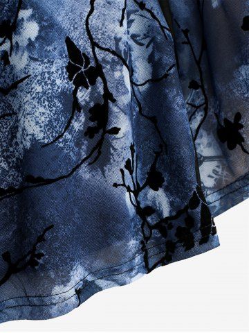 Plus Size Flower Flocking Rivet Lace Trim Ruched Twist Flare Sleeves 2 In 1 Top