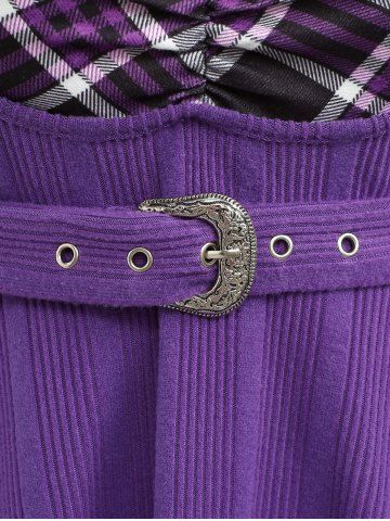 Plus Size Ruffles Ruched Plaid Ribbed Belt T-shirt