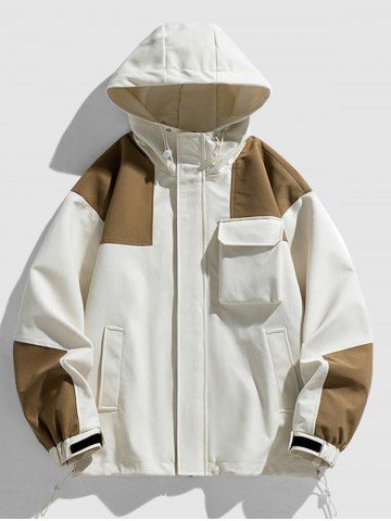 Men's Colorblock Two Tone Drop Shoulder Hooded Toggle Drawstring Pocket Jacket - WHITE - 2XL