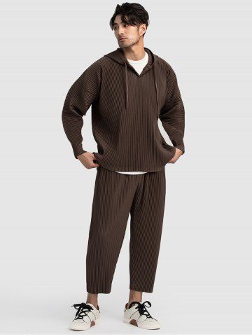 Men's Casual Athleisure Style Solid Color Matching Co Ord Textured Jacquard Drawstring Pullover Hoodie and Tapered Pants Two Piece Set