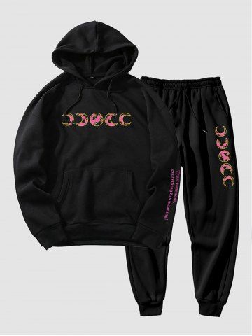Men's Letter Sun Moon Printed Kangaroo Pocket Fleece-lined Hoodie and Drawstring Sports Jogger Pants - BLACK - 2XL