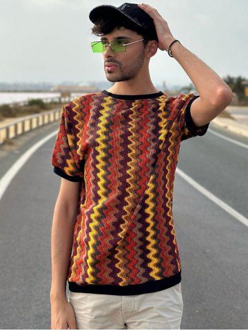 Colorful Zig Zag Knit Crew Neck Ringer T-shirt