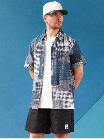 Short Sleeves Houndstooth Plaid Heart Pattern Block Shirt - DEEP BLUE - XL