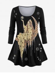 T-shirt Renaissance grande taille imprimé déesse lune étoile pompon - Noir 3X