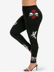 Legging D'Halloween Rose Papillon Crâne Imprimés de Grande Taille - Noir 1X