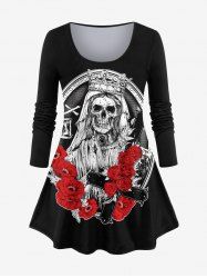 Plus Size Halloween Crown Skull Flower Cross Print T-shirt -  