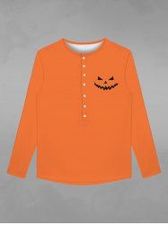 T-shirt D'Halloween Gothique Citrouille Imprimée avec Boutons - Orange 5XL