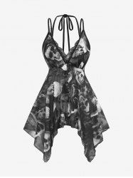 Plus Size Halter Skull Print Sheer Mesh T-back Babydoll Lingerie Set -  