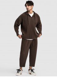 Men's Casual Athleisure Style Solid Color Matching Co Ord Textured Jacquard Drawstring Pullover Hoodie and Tapered Pants Two Piece Set -  