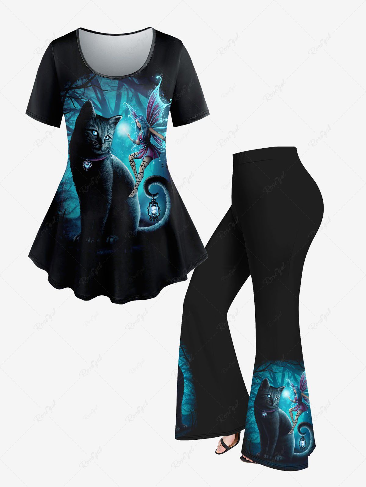 Cheap Halloween Cat Butterfly Angel Tree Moon Glitter Printed T-shirt and Flare Pants Plus Size Outfit  