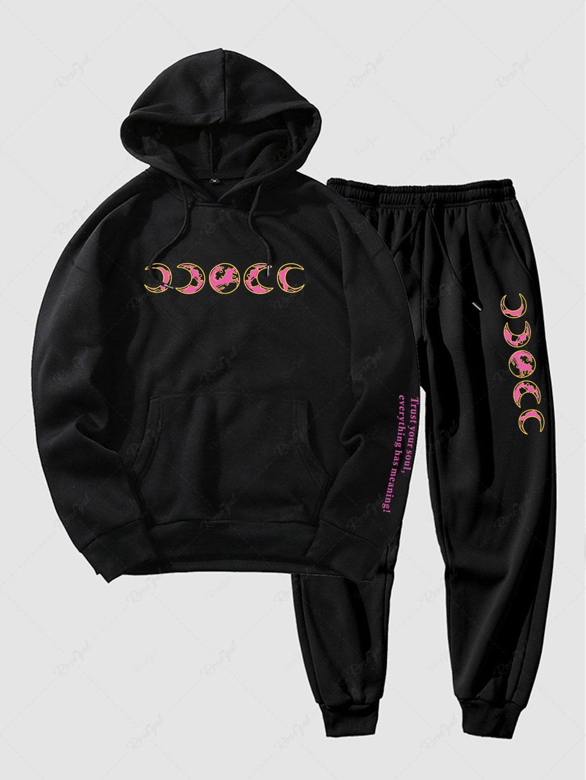 Best Men's Letter Sun Moon Printed Kangaroo Pocket Fleece-lined Hoodie and Drawstring Sports Jogger Pants  