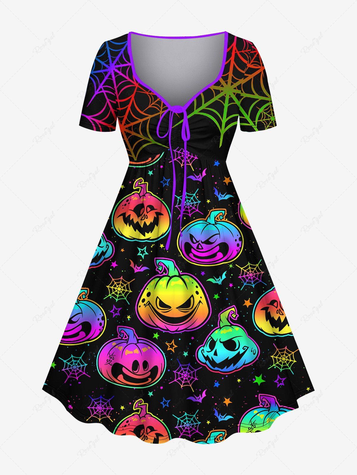 Latest Plus Size Halloween Costume Spider Web Pumpkin Bat Star Print Cinched Dress  