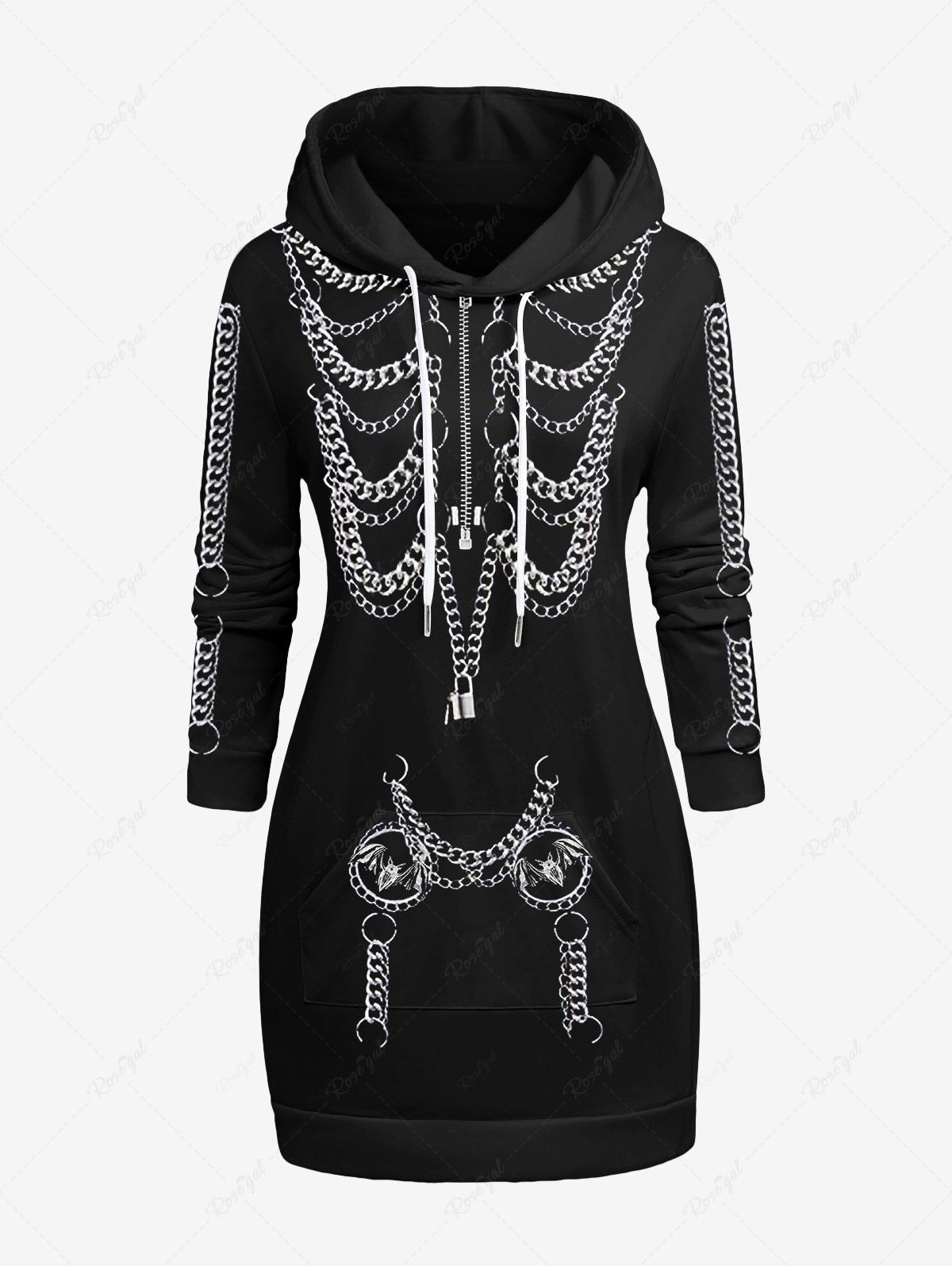 Affordable Plus Size Bat Zipper 3D Print Halloween Skeleton Style Chains Drawstring Hooded Dress  