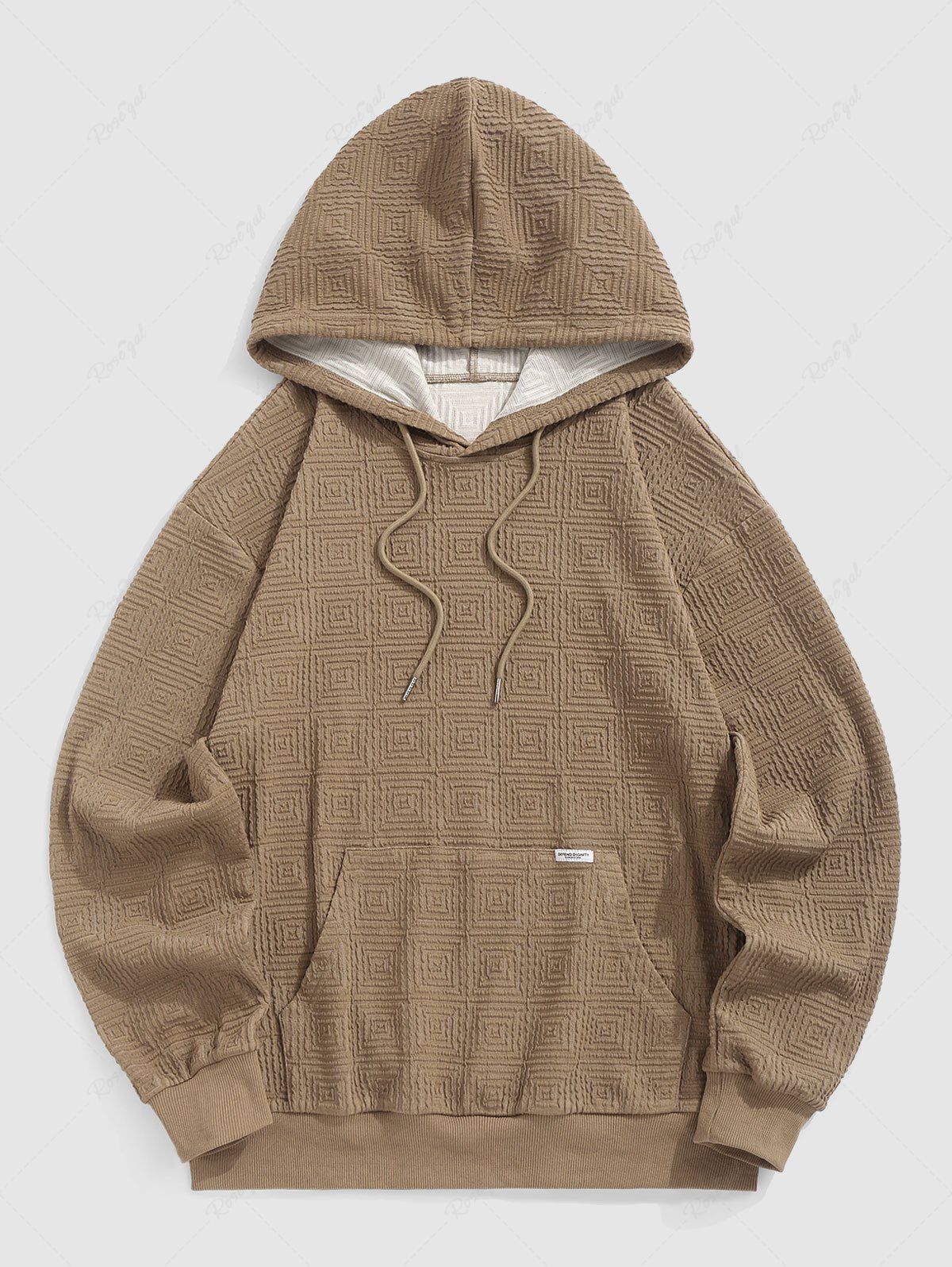 Affordable Men's Casual Daily Geo Jacquard Textured Kangaroo Pocket Drawstring Pullover Hoodie  