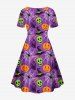 Plus Size Halloween Costume Pumpkin Spider Web Skull Hat Print Cinched Dress -  