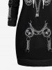 Plus Size Bat Zipper 3D Print Halloween Skeleton Style Chains Drawstring Hooded Dress -  