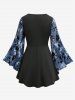 Plus Size Flower Flocking Rivet Lace Trim Ruched Twist Flare Sleeves 2 In 1 Top -  