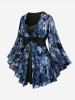 Plus Size Flower Flocking Rivet Lace Trim Ruched Twist Flare Sleeves 2 In 1 Top -  