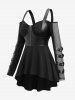Gothic PU Panel Ruched Zipper Fishnet Off The Shoulder High Low T-shirt -  