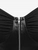 Gothic PU Panel Ruched Zipper Fishnet Off The Shoulder High Low T-shirt -  