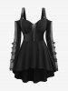 Gothic PU Panel Ruched Zipper Fishnet Off The Shoulder High Low T-shirt -  