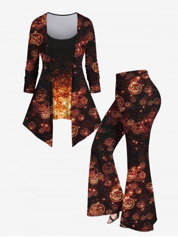 Plus Size Halloween Pumpkin Glitter Printed 2 In 1 T-shirt and Flare Pants Outfit - ORANGE