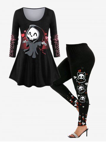Halloween Skull Ghost Print T-shirt and Cartoon Skulls Heart Bat Halloween Printed Leggings Plus Size Outfit