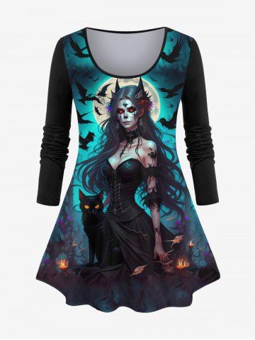 Plus Size Halloween Moon Cat Bird Demon Flame Print T-shirt - BLUE - S