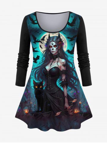 T-shirt D'Halloween Chat Flamme et Oiseau Imprimés de Grande Taille