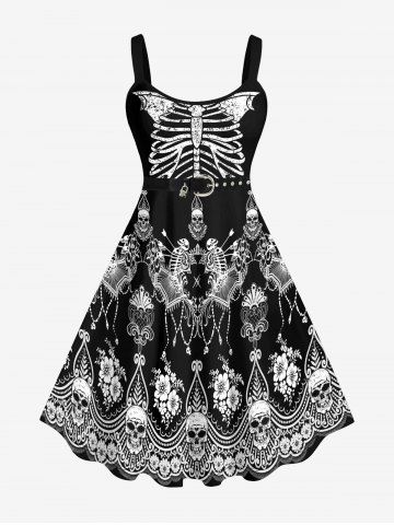 Plus Size Skull Skeleton Flower Print Tank Dress - BLACK - XS