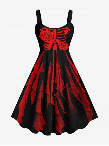 Halloween Vampire Costume Skeleton Flower Rag Print Tank Dress - RED - S