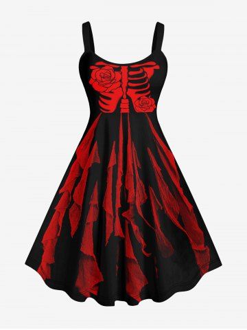 Plus Size Halloween Costume Skeleton Flower Rag Print Tank Dress - RED - 3X