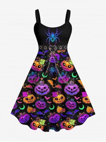 Plus Size Halloween Costume Pumpkin Spider Bat Moon Print Tank Dress - MULTI-A - XS