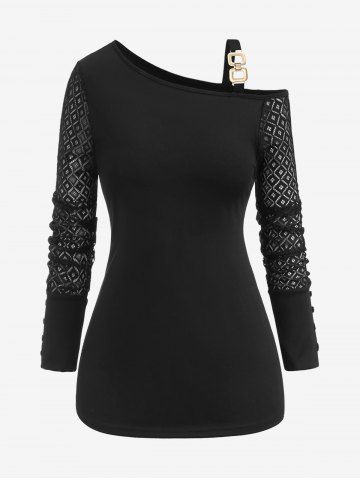 T-shirt Evidé Bouclé à Epaule Dénudée avec Boutons de Grande Taille - BLACK - XL