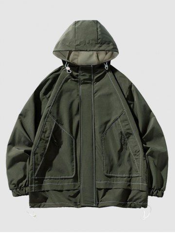 Men's Daily Topstitching Design Zippered Pockets Toggle Drawstring Hooded Zip Up Windbreaker Jacket - ARMY GREEN - M