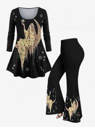 Moon Star Tassle Goddess Printed T-shirt and Flare Pants Plus Size 70s 80s Outfit -  