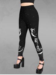 Gothic Moon Star Rose Flower Skull Print Halloween Skinny Leggings -  