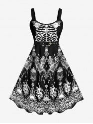 Plus Size Skull Skeleton Flower Print Tank Dress -  