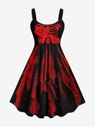Plus Size Halloween Costume Skeleton Flower Rag Print Tank Dress - Rouge 6X